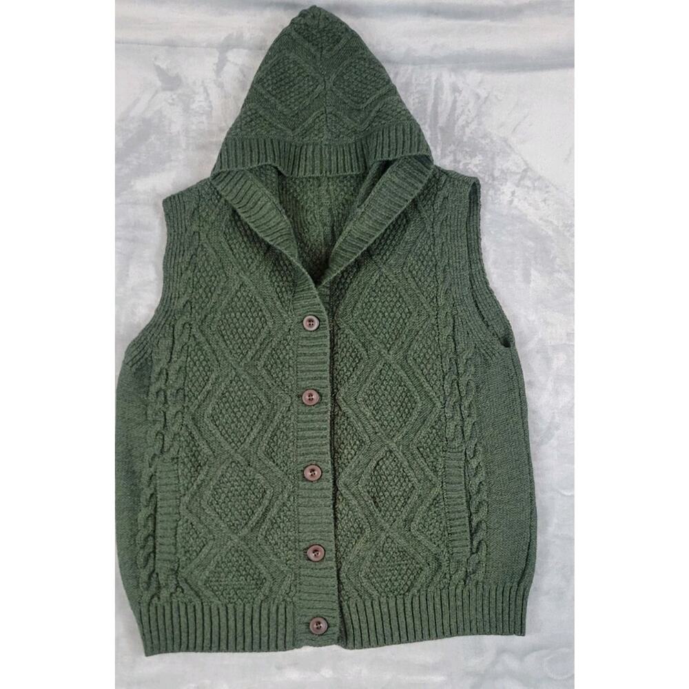 Blarney Aran Wool Womens S button up 100% Merino Hooded Sweater Vest Ireland